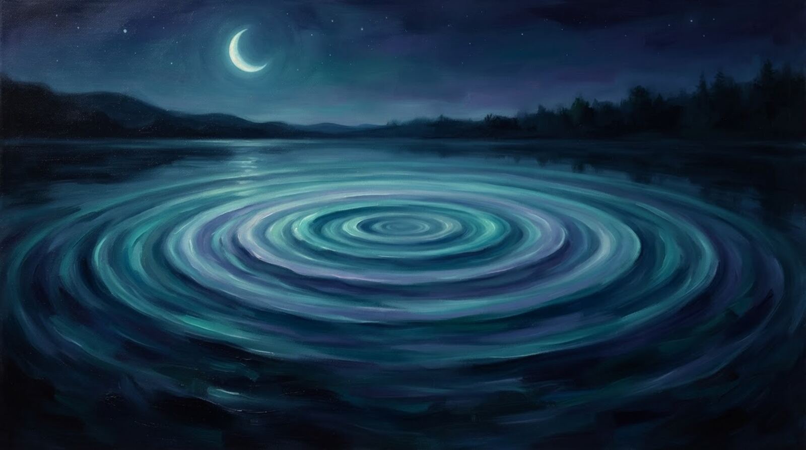Soft teal ripples of light spreading under a crescent moon