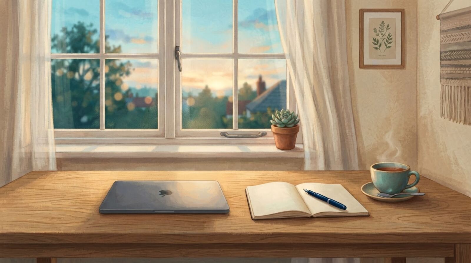 A tidy desk by a window at dawn with a notebook and a cup of tea