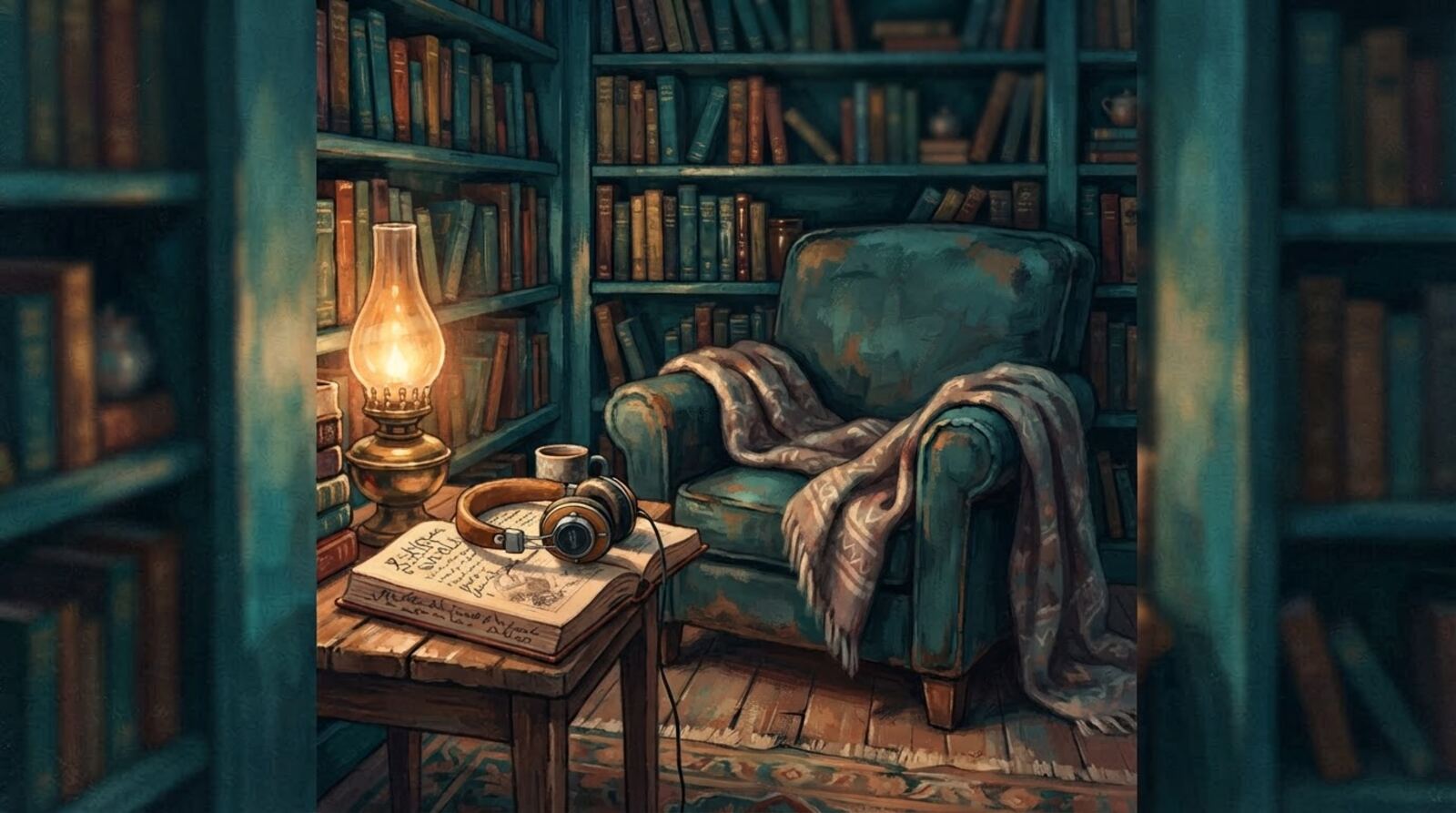 A calm reading nook with headphones resting on an open book