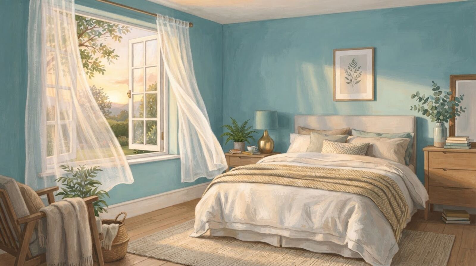 Soft golden morning light entering a calm room with a made bed