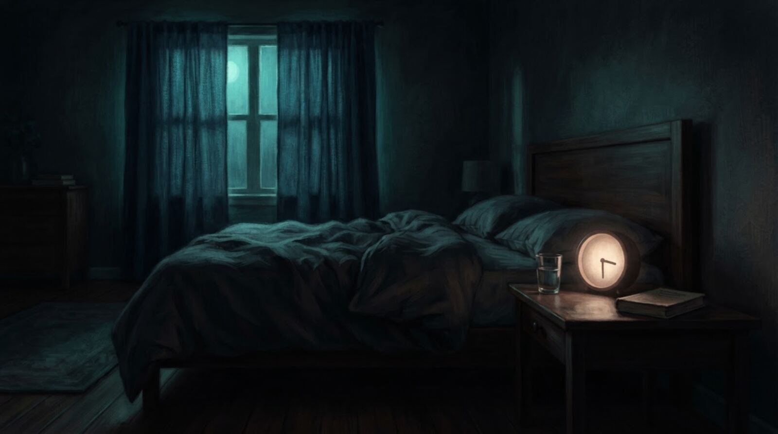 A dark bedroom at night with a softly glowing clock and moonlight through curtains