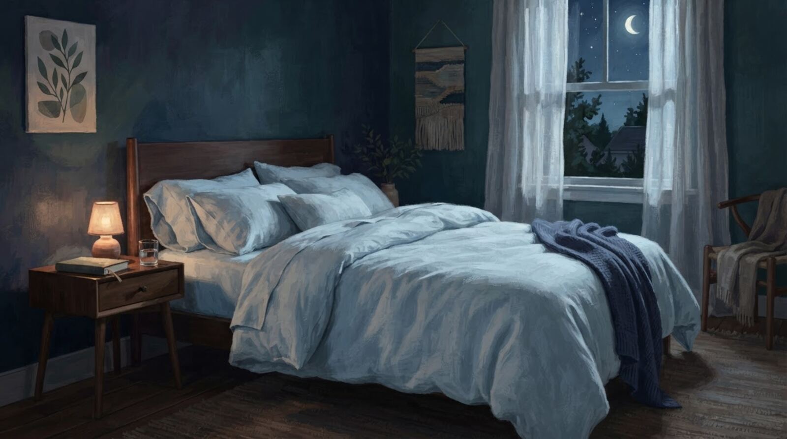 A quiet bed with pale blue linen lit by moonlight and a small warm lamp