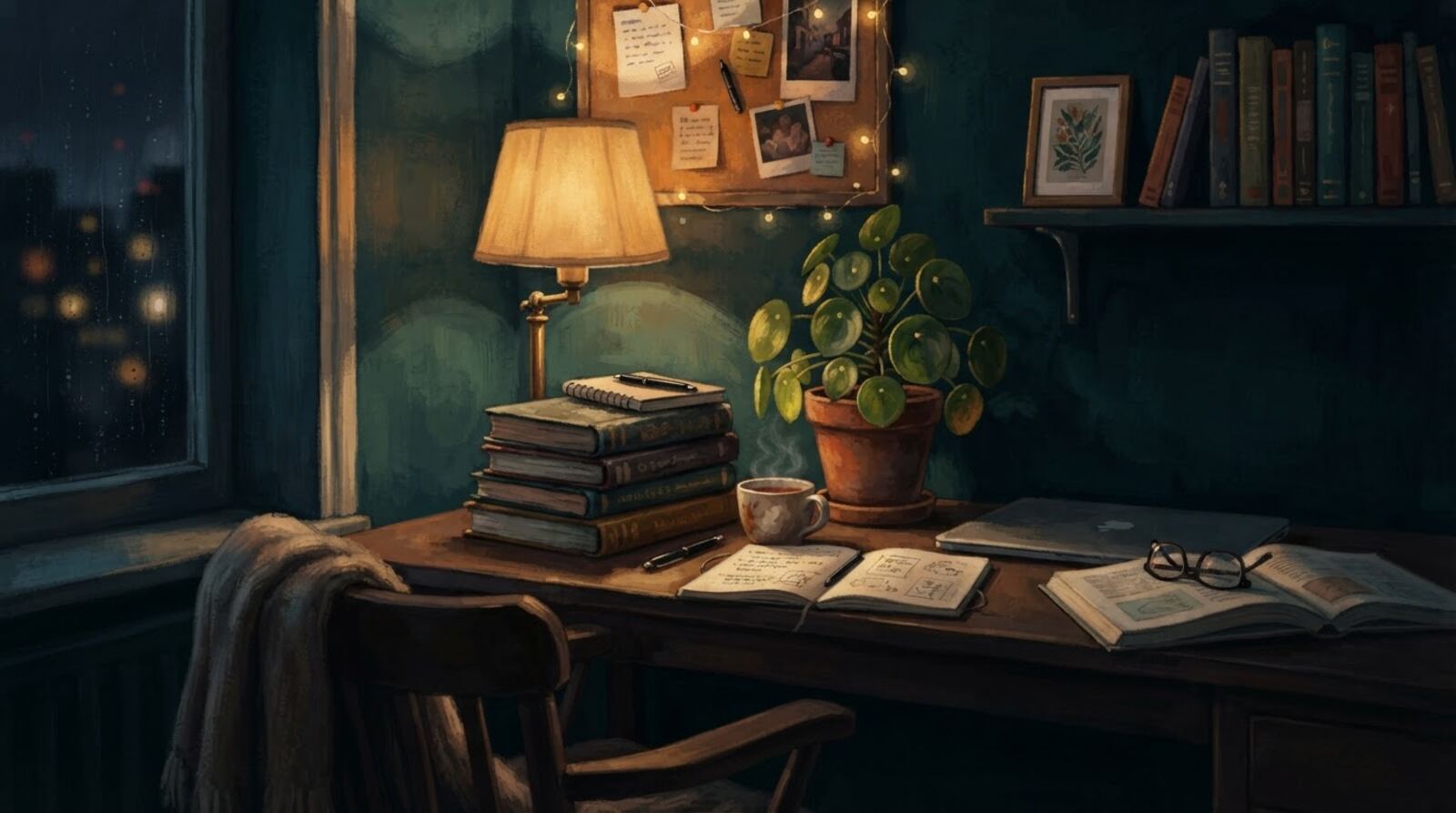 A cozy study corner at night with a lamp, books and a plant