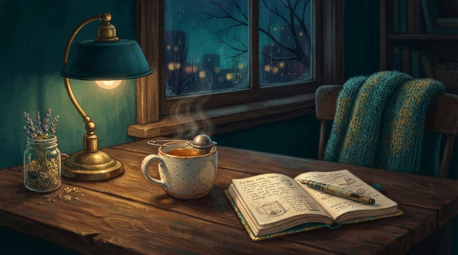 A cup of herbal tea and a notebook on a wooden table beside a small lamp