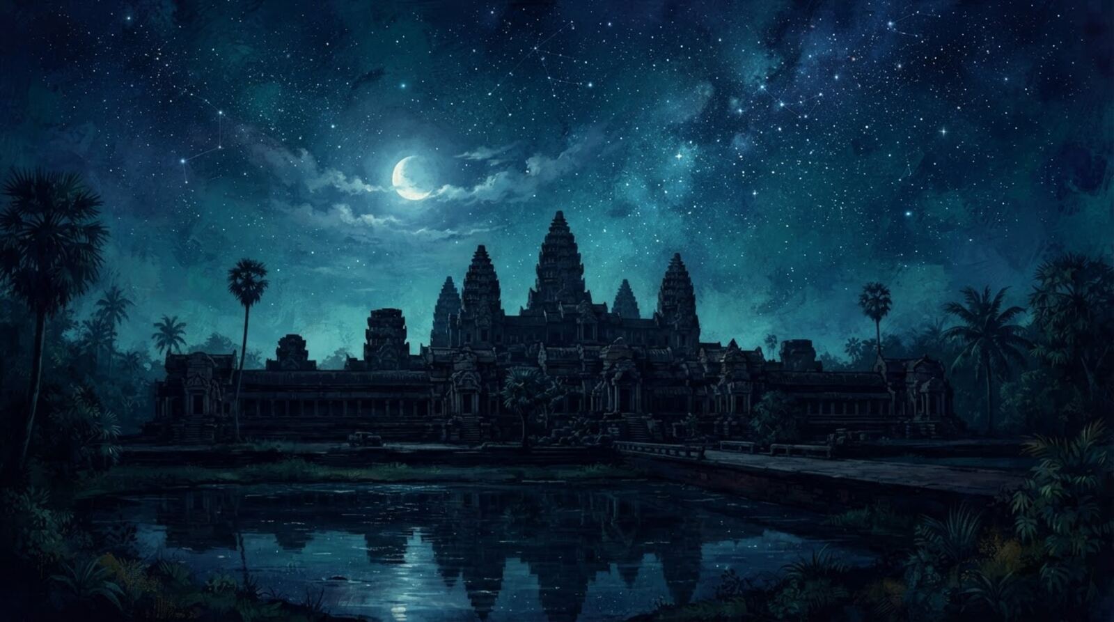 An ancient stone temple silhouette under a starry night sky